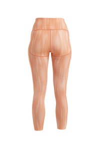 Orange højtaljede leggings med et struktureret, stribet mønster. Har flade sømme og en tætsiddende pasform, designet til komfort og bevægelighed.