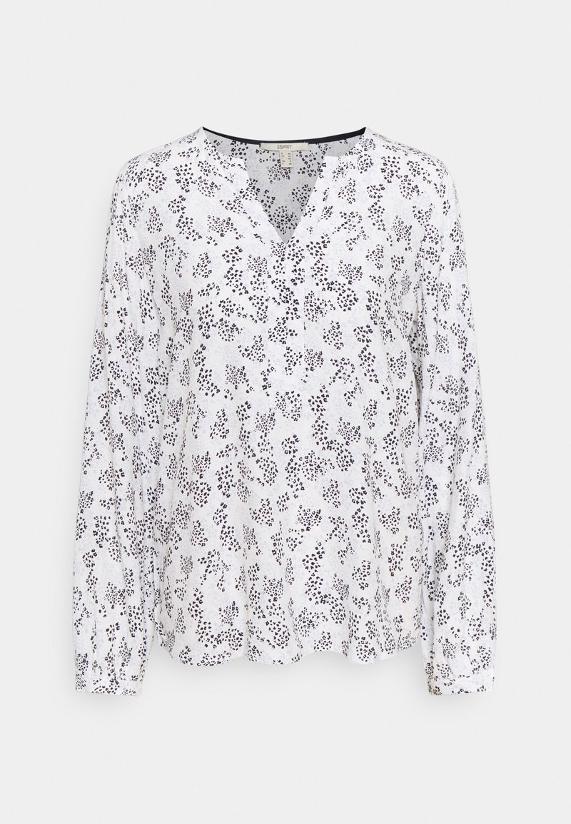 White long-sleeve blouse with a V-neck, featuring a black floral pattern, soft texture, and buttoned cuffs.
