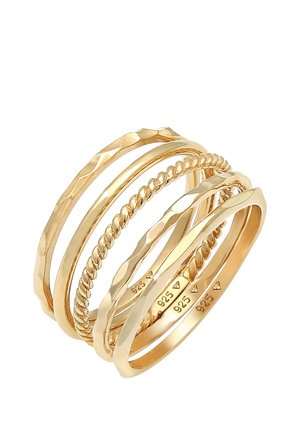 Set of five gold-tone stackable rings with varied textures including smooth, twisted, and hammered finishes. Marked 925 inside.