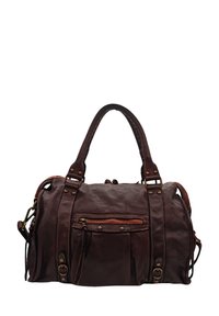Sac à main en cuir marron avec double poignées, poche zippée et extérieure, accents cousus et détails en bronze. Design durable et spacieux.