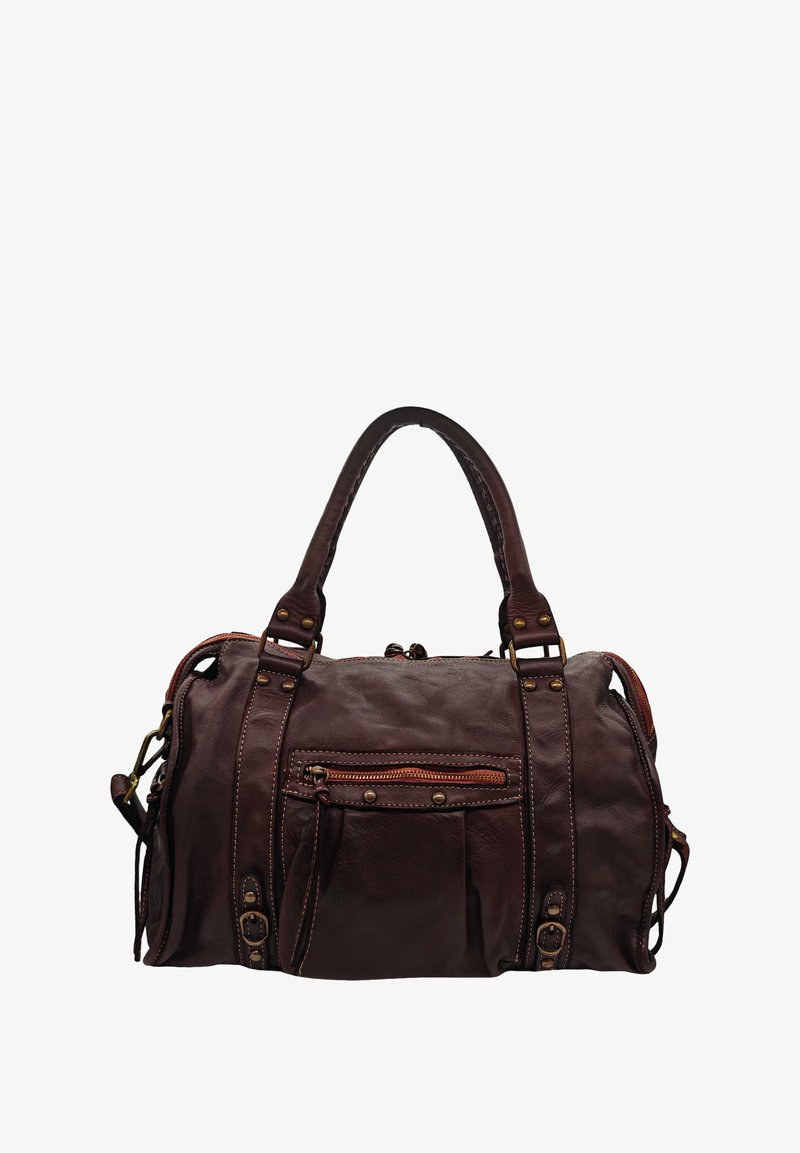 Sac à main en cuir marron avec double poignées, poche zippée et extérieure, accents cousus et détails en bronze. Design durable et spacieux.