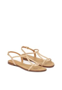 Beige lame sandaalid punutud rihmadega. Rihmade disain, mis sisaldab siledat nahkviimistlust ja madalat pruuni tallat. Reguleeritav pahkluu pandla detail.