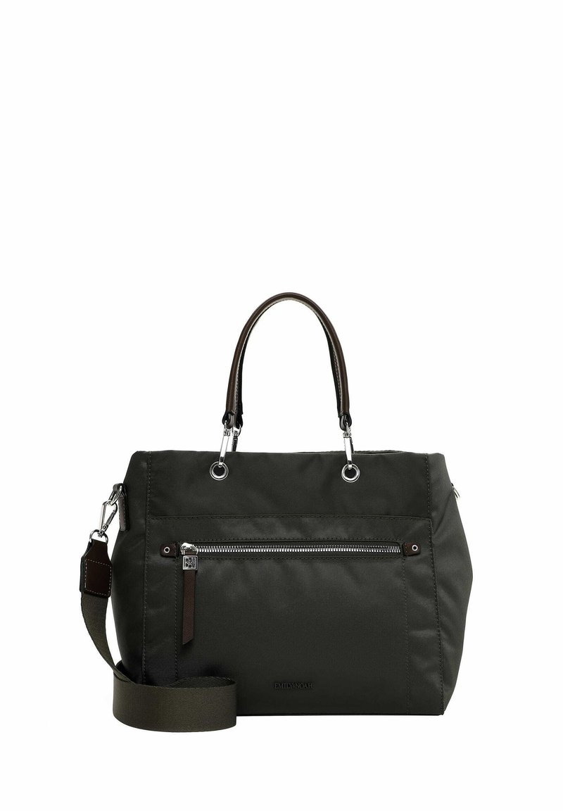 Bolsa de tela de color verde oscuro con doble asa, correa ajustable para el hombro, bolsillo frontal con cremallera y detalles en metal plateado. Textura suave.