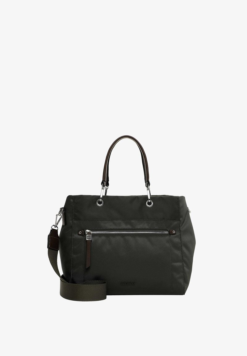 Bolsa de tela de color verde oscuro con doble asa, correa ajustable para el hombro, bolsillo frontal con cremallera y detalles en metal plateado. Textura suave.