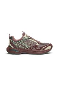 Sneaker atletica bordeaux e crema con tomaia in rete, dettagli testurizzati e accenti verdi. Presenta una suola imbottita e un design strutturato.