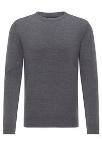 Maglione grigio realizzato in un tessuto morbido, con collo a giro e maniche lunghe, e polsini e orlo a coste. Design semplice senza motivi o dettagli.