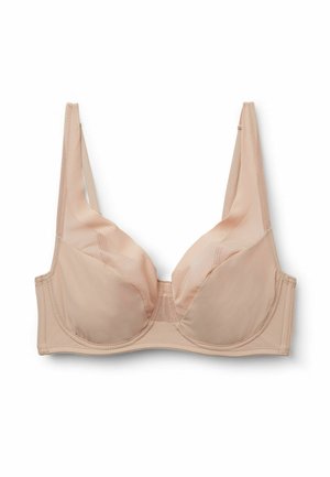 Soutien-gorge beige à armatures avec panneaux en maille transparente sur les bonnets et bretelles réglables, présenté sur un fond blanc.