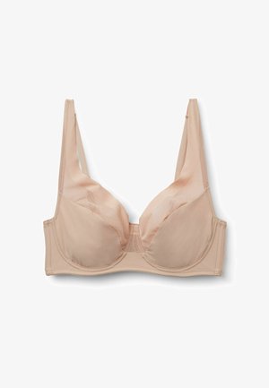Soutien-gorge beige à armatures avec panneaux en maille transparente sur les bonnets et bretelles réglables, présenté sur un fond blanc.