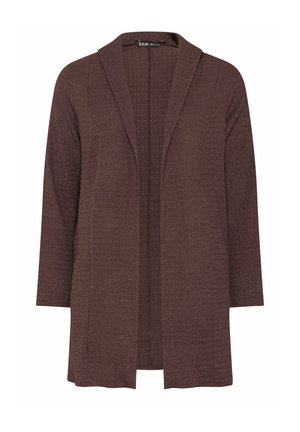 Cardigan marrón texturizado con abertura frontal, mangas largas y un ajuste holgado, diseñado para superponer sobre conjuntos informales.