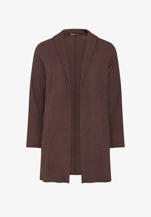 Brauner, strukturierter Cardigan mit offenem Frontbereich, langen Ärmeln und entspannter Passform, entworfen zum Übereinandertragen über legere Outfits.