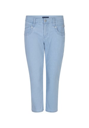 Lyseblå denim-cropped bukser med forlommer, bæltestropper, metalknap og lynlås.