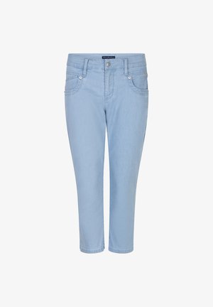 Lyseblå denim-cropped bukser med forlommer, bæltestropper, metalknap og lynlås.