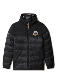 Sort pufferjakke med hætte, lynlås og to skrå frontlommer. Inkluderer et logo-patch og tekstureret paneldesign.