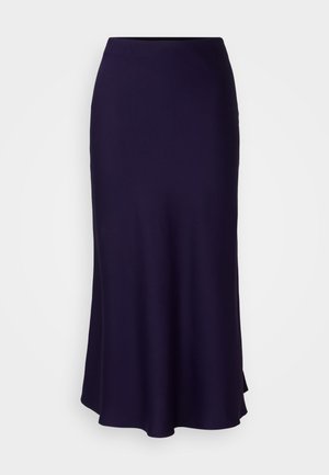 Falda midi navy hecha de tela suave, con una cintura ajustada y un dobladillo acampanado. Textura suave sin patrones ni adornos visibles.