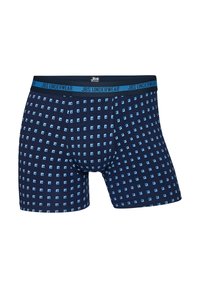 Navy blue boxer briefs with a checkered pattern in varying shades of blue. Features a soft waistband with "JBS UNDERWEAR" branding.