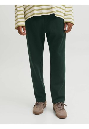 Persona che indossa pantaloni verde scuro, scarpe beige con lacci e una camicia a maniche lunghe con righe orizzontali verde chiaro e bianche, in piedi su uno sfondo neutro.