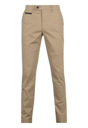 Beige katoenen chino's met een rechte pasvorm, voorzien van een sluiting met een knoop aan de voorkant, zijzakken en een contrasterende marineblauwe accent op de zak.