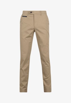 Beige Baumwoll-Chinos mit geradem Bein, featuring einen Frontknopfverschluss, Seitentaschen und einem kontrastierenden marineblauen Akzent an der Tasche.