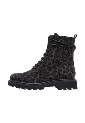 Black lace-up ankle boot with thick sole and dark gray leopard print pattern on suede material.