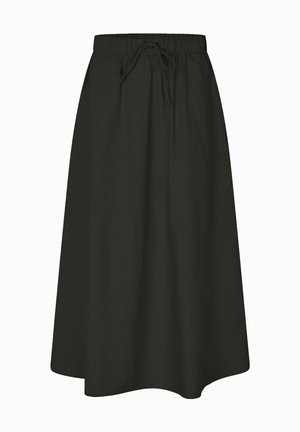 Gonna nera, al ginocchio, realizzata in tessuto leggero, con vita elasticizzata e coulisse per una vestibilità regolabile. Design semplice e senza decorazioni.