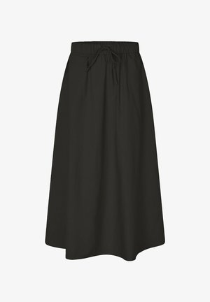 Must must, põlvepikkune seelik kergest kangast, millel on elastne vöökoht ja reguleeritav nöör. Lihtne, kaunistusteta disain.