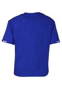 Modré tričko s krátkými rukávy z bavlny, s kulatým výstřihem a logem na okrajích rukávů. Hladká textura a pohodlný střih.