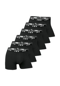 Schwarze Baumwollboxershorts mit einem elastischen Bund mit der Marke "JBS". Sechs Stück in einer gestapelten Anordnung präsentiert.