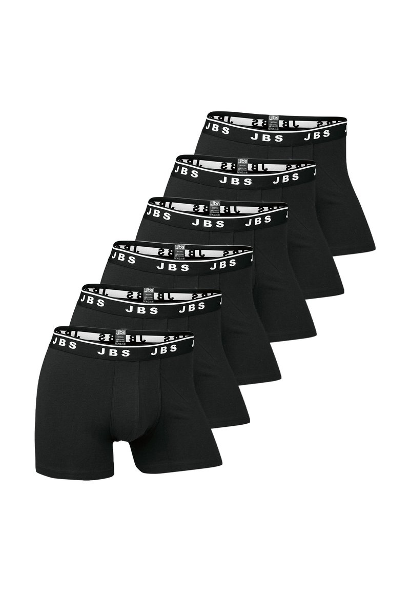 Schwarze Baumwollboxershorts mit einem elastischen Bund mit der Marke "JBS". Sechs Stück in einer gestapelten Anordnung präsentiert.