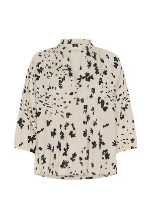 Krem košulja s crnim apstraktnim cvjetnim uzorkom, rukavima tri četvrtine i detaljem plisiranog ovratnika u obliku slova V.