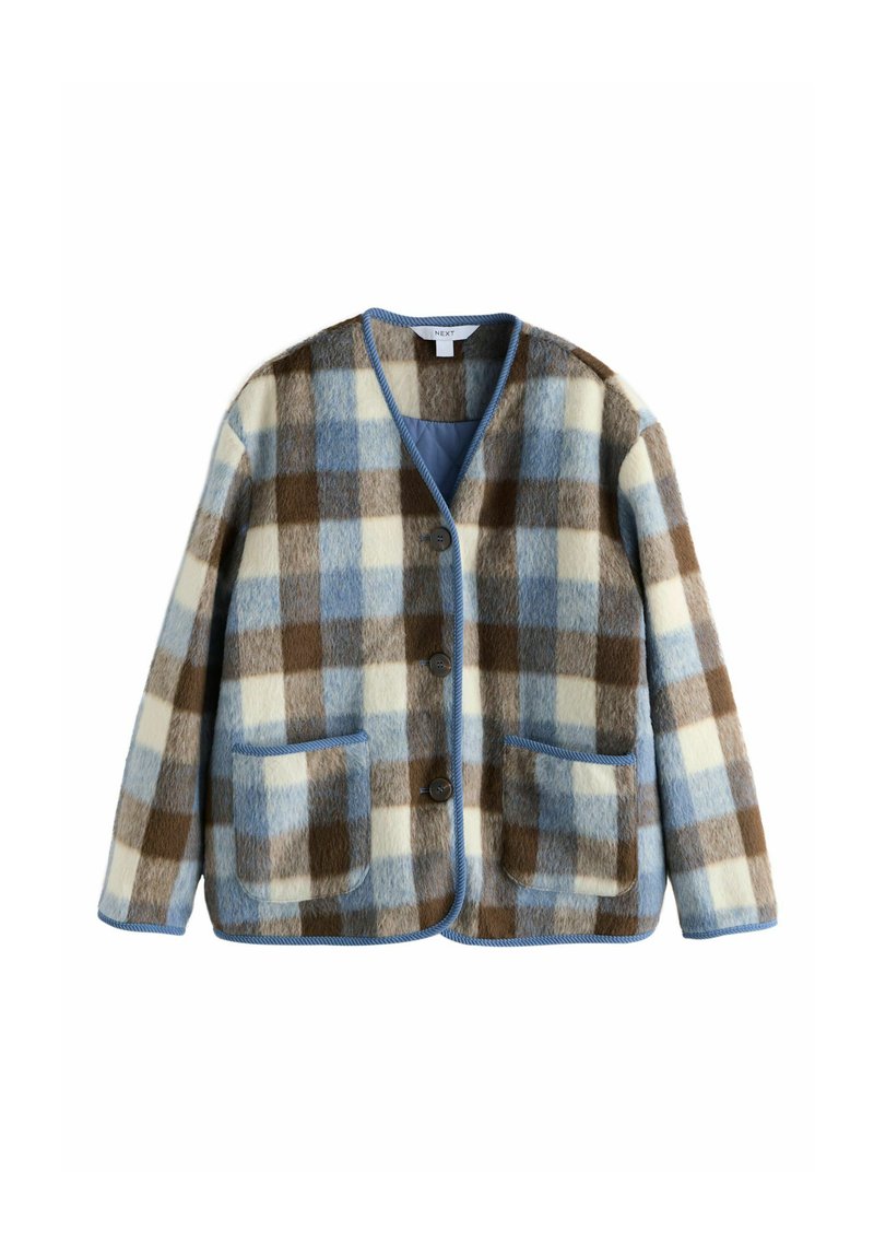 Brązowa, niebieska i kremowa wełniana kurtka w kratkę z niebieskimi wykończeniami, guzikami z przodu i dwoma naszywanymi kieszeniami z przodu.