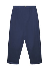 Pantaloni a gamba larga color blu navy realizzati in tessuto leggero; caratterizzati da chiusura con bottone, due tasche laterali e una texture liscia.