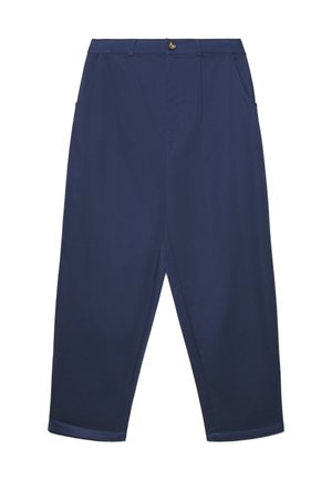 Pantalon bleu marine à jambes larges en tissu léger ; il comprend une fermeture à bouton, deux poches latérales et une texture lisse.