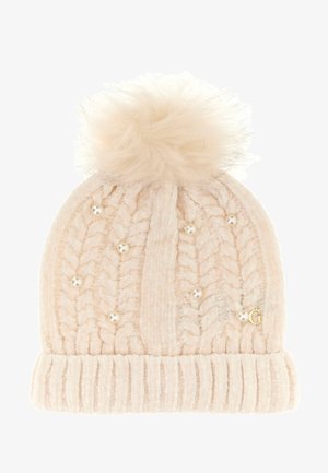Berretto rosa in maglia con pompon in pelliccia sintetica, dettagli in perle e risvolto a coste. Presenta un motivo a treccia testurizzato su tutta la superficie.
