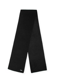 Czarny dziergany szalik o długim, prostokątnym kształcie. Charakteryzuje się gładką fakturą i subtelną metką z logo na jednym końcu.