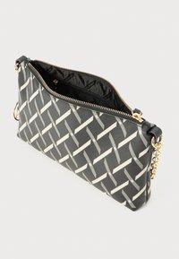 Black clutch bag featuring a geometric pattern with gray and white accents. It has a gold zipper and chain detailing. Textured exterior.