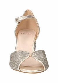 Gouden hoge hakken sandalen met open teen, decoratieve glitterriemen, enkelriem en een zachte binnenvoering.