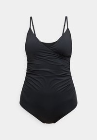 Costum de baie monocolor negru, cu decolteu încrucișat, bretele subțiri reglabile, detalii plisesate în față și o textură netedă.