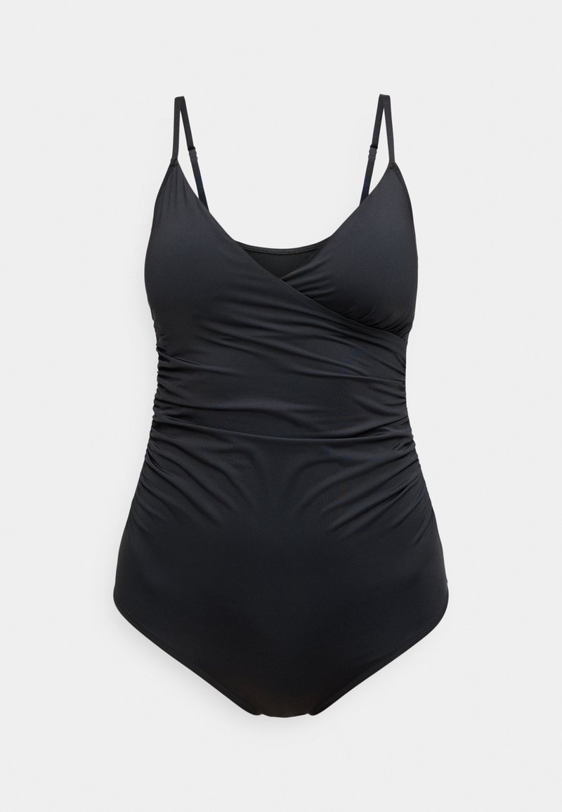 Costume da bagno intero nero con scollatura incrociata, spalline sottili regolabili, dettagli arricciati sul davanti e una texture liscia.