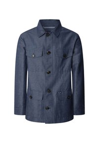 Granatowa kurtka z kołnierzowym dekoltem, z przodu zapinana na guziki, z czterema kieszeniami. Teksturowany materiał z subtelnym wzorem. Klasyczny design.