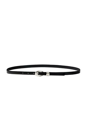 Thin black leather belt with a small silver buckle and two silver belt loops, laid flat on a white background.