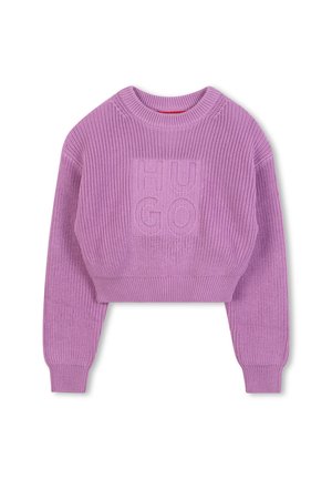 Crochet-style cropped sweater in light purple, featuring a textured fabric and a discreet embossed "HUGO" logo on the front.