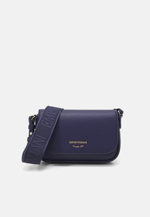 Navy blue textured leather shoulder bag with wide adjustable strap and gold Emporio Armani Milano 1981 logo on front flap.
