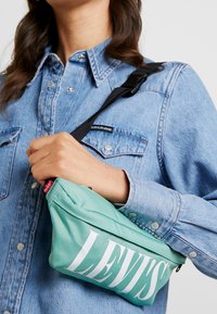 Marsupio verde menta con una superficie liscia e texturizzata e il logo bianco "LEV'S". Dotato di una tracolla regolabile nera per una facile trasportabilità.