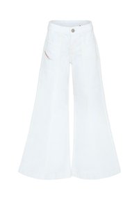 Witte denim wijde pijpen broek met een hoge taille, twee voorkantzakken en opvallende stiksels langs de zijnaden.