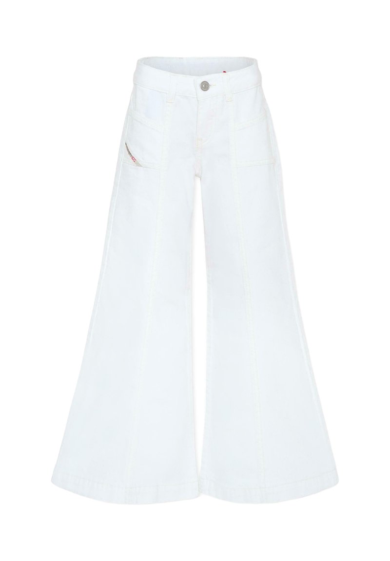Witte denim wijde pijpen broek met een hoge taille, twee voorkantzakken en opvallende stiksels langs de zijnaden.