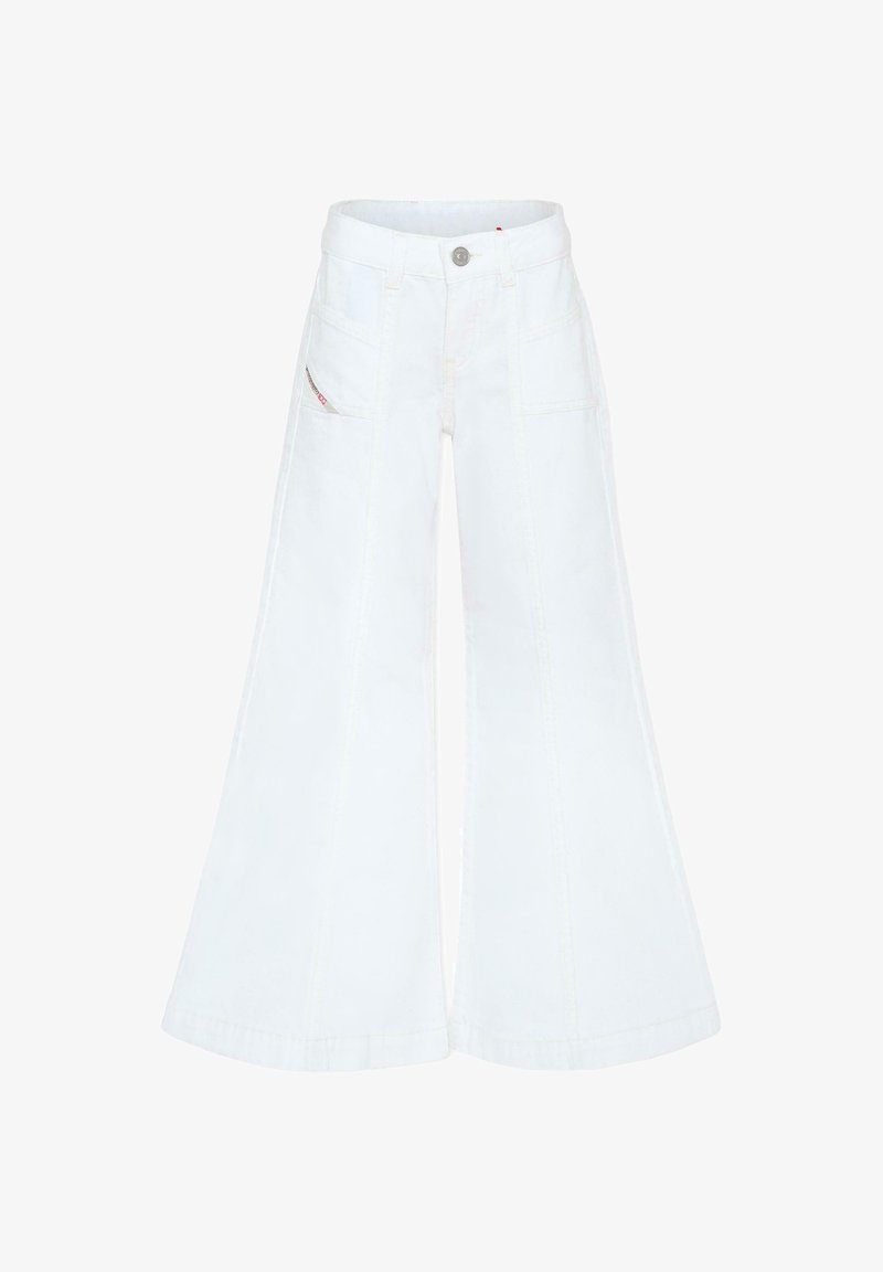 Witte denim wijde pijpen broek met een hoge taille, twee voorkantzakken en opvallende stiksels langs de zijnaden.