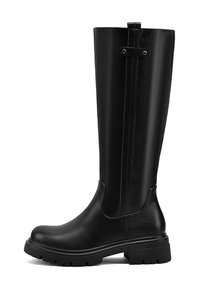 Stivali neri al ginocchio realizzati in morbida ecopelle. Presentano una punta arrotondata e una suola in gomma texturizzata, con una piccola linguetta nella parte superiore per facilitare la calzata.