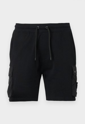 Black cargo shorts made of cotton blend, featuring two side pockets, adjustable waistband with drawstring, and a smooth texture.