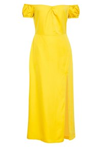 Vestido amarillo de hombros descubiertos, hecho de tela suave, que presenta mangas abullonadas, un corsé ajustado y una abertura lateral para mayor estilo.