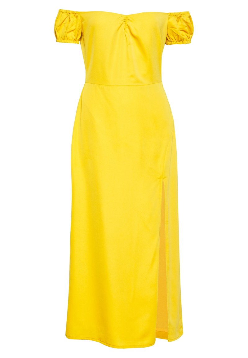Vestido amarillo de hombros descubiertos, hecho de tela suave, que presenta mangas abullonadas, un corsé ajustado y una abertura lateral para mayor estilo.